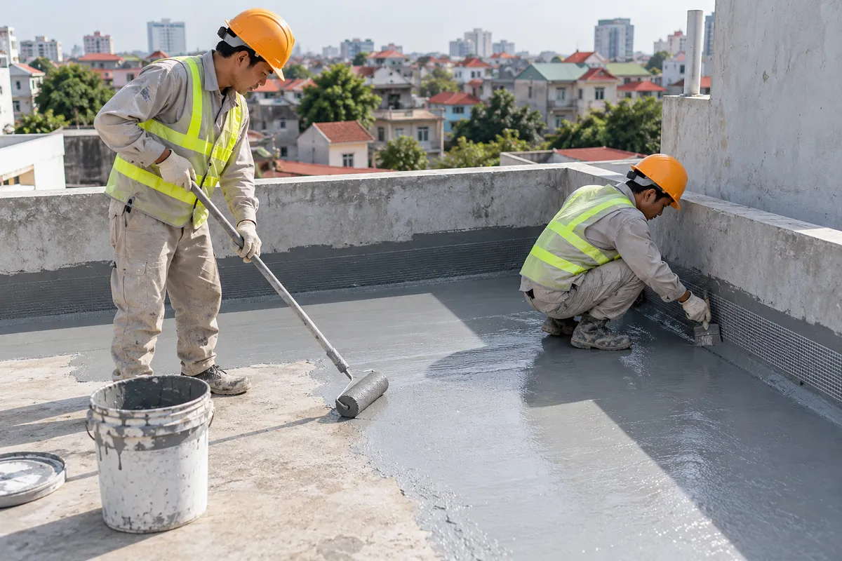 Công nhân lăn lớp vật liệu chống thấm trên sàn mái bê tông