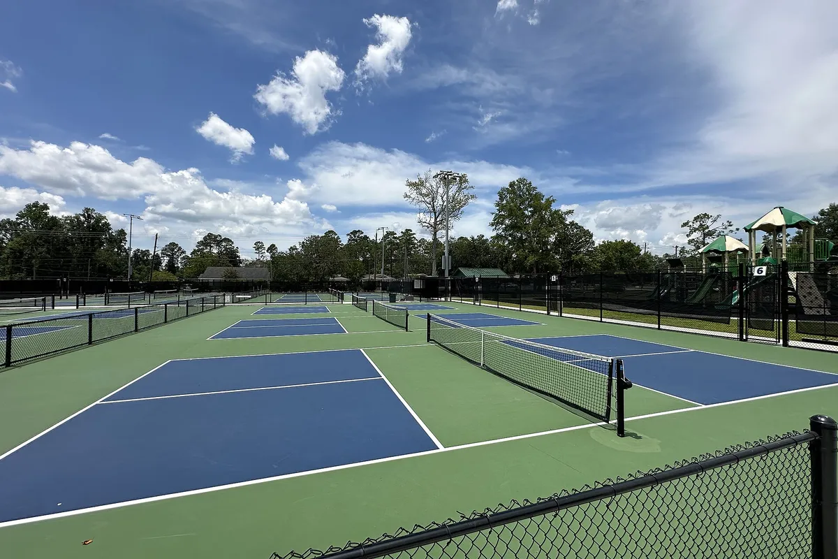 Sân Pickleball mặt xanh dương viền xanh lá, kẻ vạch trắng, có lưới và hàng rào